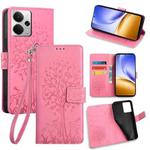 For Realme 14 5G Global Tree & Deer Embossed Leather Phone Case(Pink)