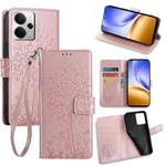 For Realme 14 5G Global Tree & Deer Embossed Leather Phone Case(Rose Gold)