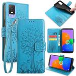 For TCL 403 Tree & Deer Embossed Leather Phone Case(Blue)