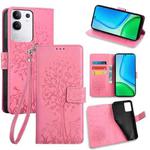 For vivo Y29 4G Global Tree & Deer Embossed Leather Phone Case(Pink)