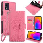 For Alcatel 1B 2022 Tree & Deer Embossed Leather Phone Case(Pink)