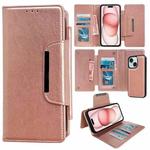 For iPhone 15 Plus Multifunctional Seven Cards Wallet Leather Phone Case(Rose Gold)