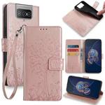 For Asus Zenfone 8 Flip Tree & Deer Embossed Leather Phone Case(Rose Gold)