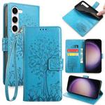 For Samsung Galaxy S23 5G Tree & Deer Embossed Leather Phone Case(Blue)