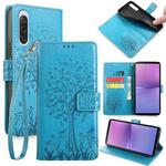 For Sony Xperia 10 V Tree & Deer Embossed Leather Phone Case(Blue)