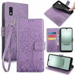 For Sharp Aqous Wish 3 Tree & Deer Embossed Leather Phone Case(Purple)