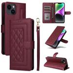 For iPhone 14 Diamond Lattice Leather Flip Phone Case(Wine Red)