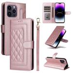 For iPhone 14 Pro Max Diamond Lattice Leather Flip Phone Case(Rose Gold)