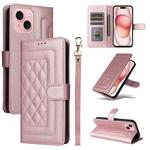 For iPhone 15 Diamond Lattice Leather Flip Phone Case(Rose Gold)