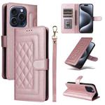 For iPhone 15 Pro Diamond Lattice Leather Flip Phone Case(Rose Gold)
