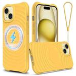 For iPhone 15 Wave Texture MagSafe Magnetic Liquid Silicone Phone Case(Yellow)