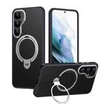 For Samsung Galaxy S25+ 5G Double Ring MagSafe Holder Carbon Fibre Phone Case(Silver)