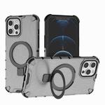 For iPhone 12 Pro Max Grating Holder Shockproof Phone Case(Transparent Black)