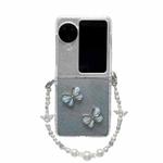 For OPPO Find N3 Flip Glitter Powder 3D Butterfly PC Side Buckle Full Coverage Shockproof Phone Case with Pearl Bracelet(Blue)