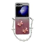 For Samsung Galaxy Z Flip5 5G Glitter Powder 3D Butterfly PC Side Buckle Full Coverage Shockproof Phone Case with Pearl Bracelet(Red)