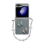 For Samsung Galaxy Z Flip5 5G Glitter Powder 3D Butterfly PC Side Buckle Full Coverage Shockproof Phone Case with Pearl Bracelet(Blue)