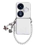 For Huawei Pocket 2 Leather Texture 3D Rose Side Buckle Full Coverage Shockproof Phone Case with Pearl Bracelet(White)