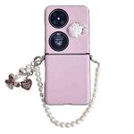 For Huawei Pocket 2 Leather Texture 3D Rose Side Buckle Full Coverage Shockproof Phone Case with Pearl Bracelet(Pink)