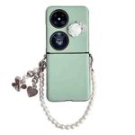 For Huawei P50 Leather Texture 3D Rose Side Buckle Full Coverage Shockproof Phone Case with Pearl Bracelet(Green)