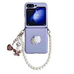 For Samsung Galaxy Z Flip5 5G Leather Texture 3D Rose Side Buckle Full Coverage Shockproof Phone Case with Pearl Bracelet(Blue)