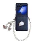 For Samsung Galaxy Z Flip5 5G Leather Texture 3D Rose Side Buckle Full Coverage Shockproof Phone Case with Pearl Bracelet(Black)