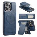 For iPhone 15 Pro Fierre Shann Oil Wax Cow Leather Magnetic Card Holder Phone Case(Blue)
