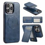 For iPhone 14 Pro Max Fierre Shann Oil Wax Cow Leather Magnetic Card Holder Phone Case(Blue)