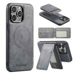 For iPhone 14 Pro Max Fierre Shann Oil Wax Cow Leather Magnetic Card Holder Phone Case(Grey)