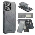 For iPhone 13 Pro Max Fierre Shann Oil Wax Cow Leather Magnetic Card Holder Phone Case(Grey)