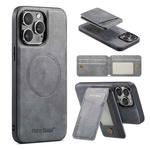 For iPhone 13 Pro Fierre Shann Oil Wax Cow Leather Magnetic Card Holder Phone Case(Grey)