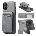 For iPhone 16 Plus Fierre Shann Oil Wax Cow Leather Magnetic Card Holder Phone Case(Grey)