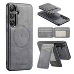 For Samsung Galaxy S23 FE 5G Fierre Shann Cowhide Vertical Flip Magnetic Card Holder Phone Case(Grey)