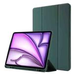 For iPad Air 13 2024 Skin Feel Tri-fold Leather Tablet Case with Pen Slot(Dark Green)