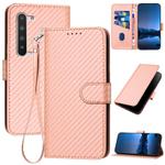 For Sharp Aquos R5G YX0070 Carbon Fiber Buckle Leather Phone Case with Lanyard(Pink)