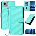 For Sharp Aquos wish5 YX0070 Carbon Fiber Buckle Leather Phone Case with Lanyard(Light Blue)