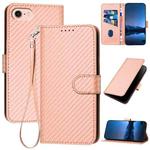 For iPhone SE 2024 YX0070 Carbon Fiber Buckle Leather Phone Case with Lanyard(Pink)