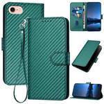 For iPhone SE 2024 YX0070 Carbon Fiber Buckle Leather Phone Case with Lanyard(Dark Green)