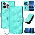 For iPhone 15 Pro Max YX0070 Carbon Fiber Buckle Leather Phone Case with Lanyard(Light Blue)