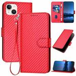 For iPhone 15 Plus YX0070 Carbon Fiber Buckle Leather Phone Case with Lanyard(Red)