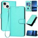 For iPhone 15 YX0070 Carbon Fiber Buckle Leather Phone Case with Lanyard(Light Blue)