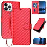 For iPhone 14 Pro Max YX0070 Carbon Fiber Buckle Leather Phone Case with Lanyard(Red)