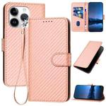 For iPhone 14 Pro YX0070 Carbon Fiber Buckle Leather Phone Case with Lanyard(Pink)