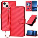 For iPhone 14 Plus YX0070 Carbon Fiber Buckle Leather Phone Case with Lanyard(Red)