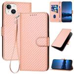 For iPhone 14 Plus YX0070 Carbon Fiber Buckle Leather Phone Case with Lanyard(Pink)