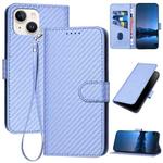 For iPhone 14 YX0070 Carbon Fiber Buckle Leather Phone Case with Lanyard(Light Purple)