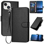 For iPhone 14 YX0070 Carbon Fiber Buckle Leather Phone Case with Lanyard(Black)