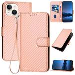 For iPhone 13 YX0070 Carbon Fiber Buckle Leather Phone Case with Lanyard(Pink)