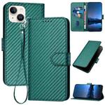 For iPhone 13 YX0070 Carbon Fiber Buckle Leather Phone Case with Lanyard(Dark Green)