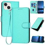 For iPhone 13 mini YX0070 Carbon Fiber Buckle Leather Phone Case with Lanyard(Light Blue)