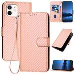 For iPhone 12 / 12 Pro YX0070 Carbon Fiber Buckle Leather Phone Case with Lanyard(Pink)